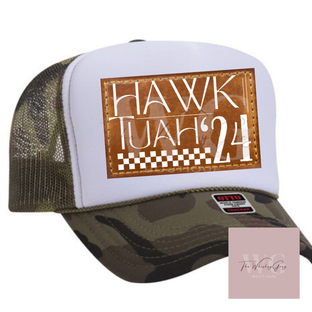 "Hawk Tuah Faux Leather Patch" Trucker Hat