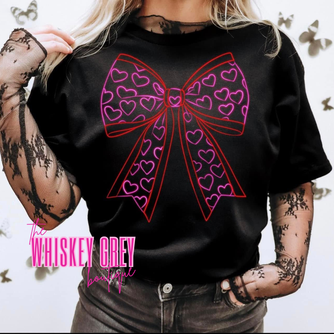 Neon Hearts Bow Tee-Ready to Ship