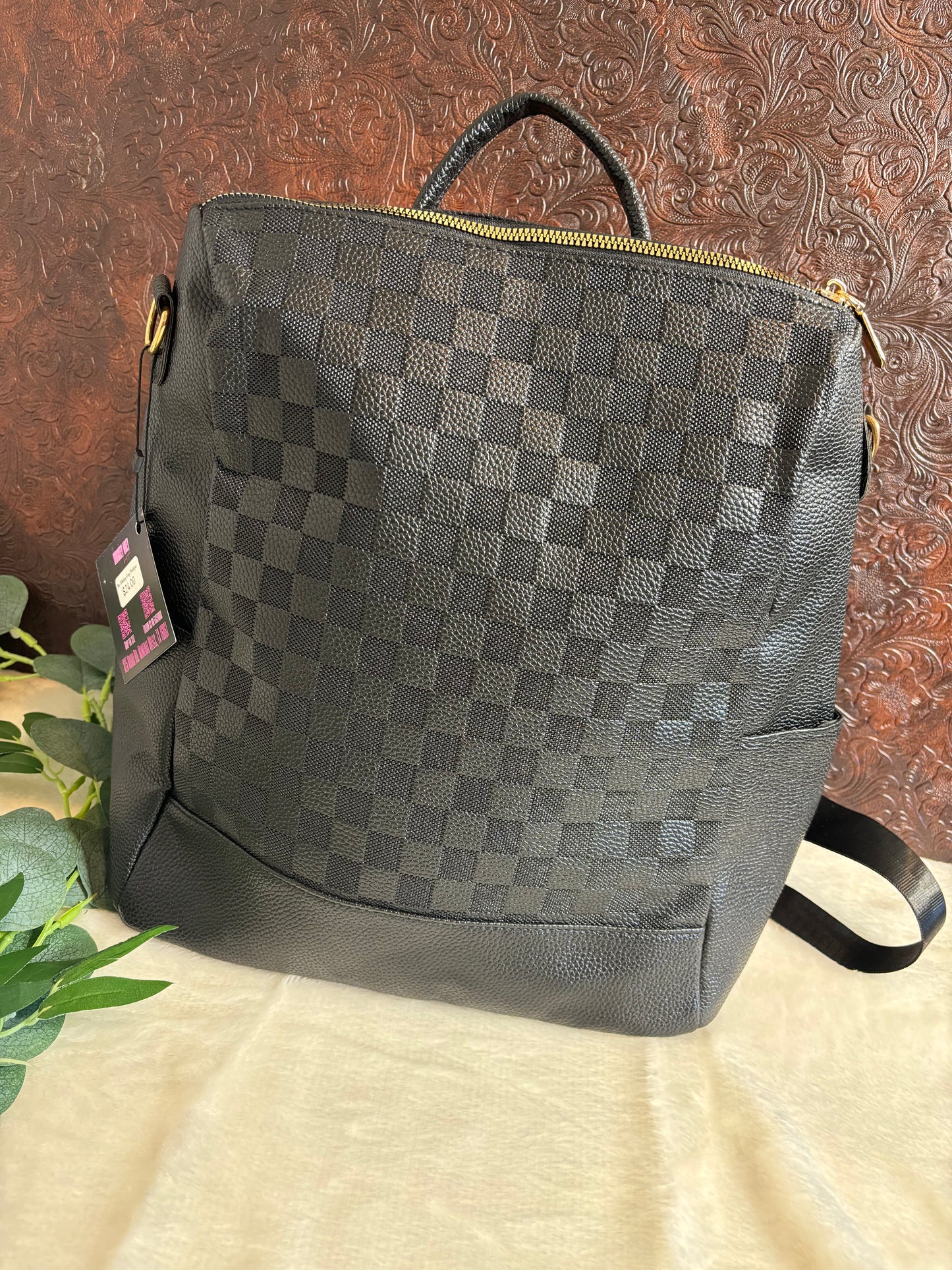 Faux Leather Black Checkered Backpack Purse