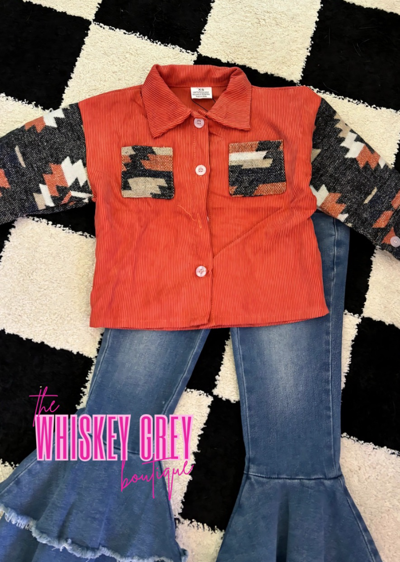 Burnt Orange Corduroy Shacket w/ Aztec Sleeves