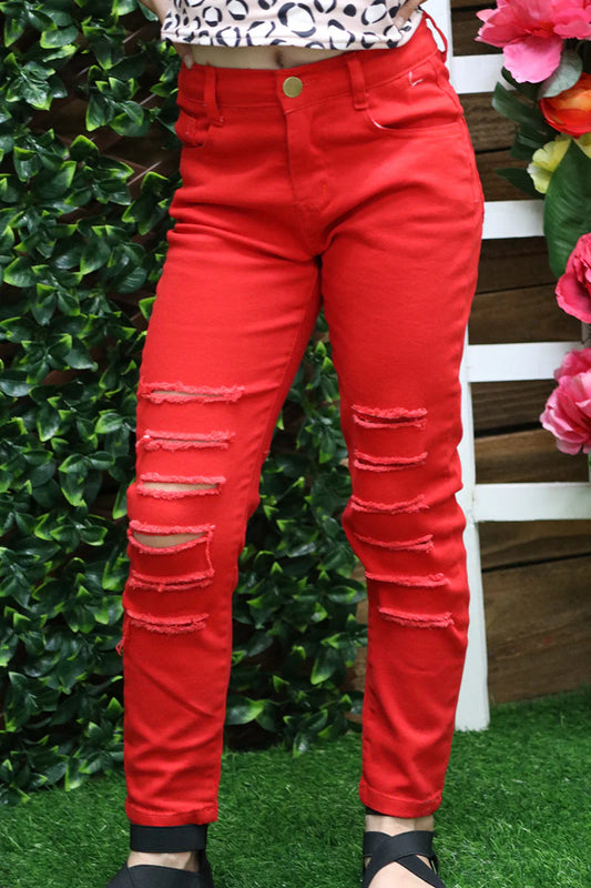 Children's Red Distressed Skinny Jeans