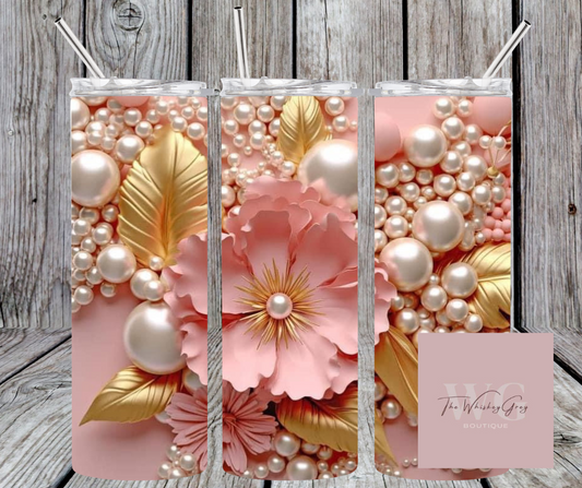 “3D Pink Flowers & Pearls” 20 oz Tumbler
